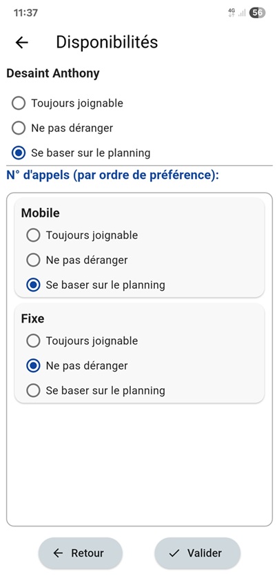 Application mobile - disponibilités de l'agent