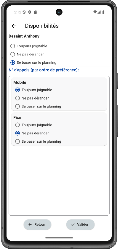 Application mobile - disponibilités de l'agent Disponibilité de l'agent d'astreinte