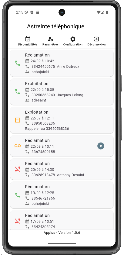 Application mobile - historique des appels reçus Journal des appels reçus sur le numéro d'astreinte téléphonique