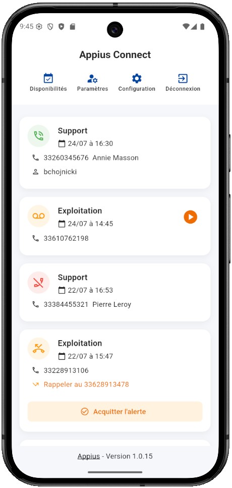 Journal des appels téléphoniques d'astreinte